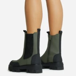 EGO Maddy Rubber Toe Detail Chunky Sole Ankle Chelsea Biker Boot In Green Matte Rubber -EGO Sales 06 10 22 fw7753 copy