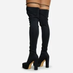 EGO No-Scrubs Lace Up Square Closed Toe Block Heel Over The Knee Thigh High Long Boot In Black Lycra -EGO Sales 06 10 22 fw7784 copy