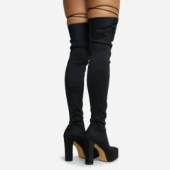 EGO No-Scrubs Lace Up Square Closed Toe Block Heel Over The Knee Thigh High Long Boot In Black Lycra -EGO Sales 06 10 22 fw7785 copy