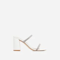 EGO Garland Double Diamante Strap Square Toe Block Heel Mule In White Faux Leather -EGO Sales 07 03 23 jul67014 sq