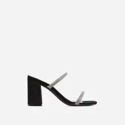 EGO Garland Double Diamante Strap Square Toe Block Heel Mule In Black Faux Leather -EGO Sales 07 03 23 jul67015 sq