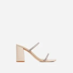 EGO Garland Double Diamante Strap Square Toe Block Heel Mule In Nude Faux Leather -EGO Sales 07 03 23 jul67016 sq