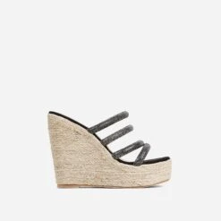 EGO Bali Diamante Strap Detail Woven Platform Wedge Heel Mule In Black Faux Suede -EGO Sales 07 03 23 jul67020 sq