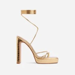 EGO Gemini Strappy Lace Up Square Toe Platform Thin Block Heel In Gold Croc Print Faux Leather -EGO Sales 07 09 212959