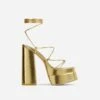EGO Mika Lace Up Knotted Strap Detail Square Toe Platform Block Heel In Gold Faux Leather -EGO Sales 07 10 22 fw5718