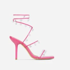 EGO Charmed Lace Up Clear Gem Detail Square Toe Stiletto Heel In Pink Faux Leather -EGO Sales 0a2261 blk12968
