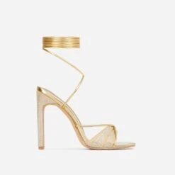 EGO Keep-Dancing Lace Up Diamante Detail Square Toe Thin Block Heel In Gold Faux Leather -EGO Sales 0a2261 blk12978