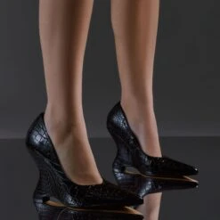 EGO In-Your-Soul Pointed Toe Cut Out Wedge Court Heel In Black Croc Print Faux Leather -EGO Sales 10 01 23 em46144 s2