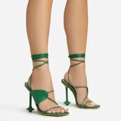 EGO Empty-Love Lace Up Strappy Detail Square Toe Statement Heel In Green Faux Leather