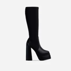 EGO Dede Platform Block Heel Knee High Long Sock Boot In Black Faux Leather -EGO Sales 12 08 210246