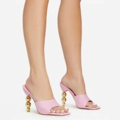 EGO Orbital Square Peep Toe Statement Metallic Heel Mule In Pink Linen