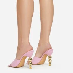 EGO Orbital Square Peep Toe Statement Metallic Heel Mule In Pink Linen -EGO Sales 15 02 23 fw58871 sq
