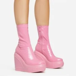 EGO Super-Nova Platform Wedge Ankle Sock Boot In Pink Patent -EGO Sales 15 02 23 fw58897 sq