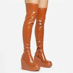 EGO New-Utopia Platform Wedge Over The Knee Thigh High Long Boot In Tan Brown Patent -EGO Sales 15 02 23 fw58925 sq