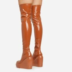 EGO New-Utopia Platform Wedge Over The Knee Thigh High Long Boot In Tan Brown Patent -EGO Sales 15 02 23 fw58927 sq
