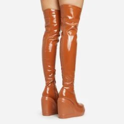 EGO New-Utopia Platform Wedge Over The Knee Thigh High Long Boot In Tan Brown Patent -EGO Sales 15 02 23 fw58928 sq