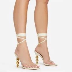 EGO Rose-Rouge Lace Up Clear Perspex Strap Square Toe Statement Metallic Heel In Beige Linen