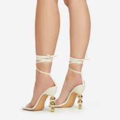 EGO Rose-Rouge Lace Up Clear Perspex Strap Square Toe Statement Metallic Heel In Beige Linen -EGO Sales 15 02 23 fw58932 sq