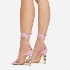 EGO Rose-Rouge Lace Up Clear Perspex Strap Square Toe Statement Metallic Heel In Pink Linen -EGO Sales 15 02 23 fw58936 sq