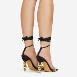 EGO Rose-Rouge Lace Up Clear Perspex Strap Square Toe Statement Metallic Heel In Black Linen -EGO Sales 15 02 23 fw58941 sq