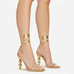 EGO Rose-Rouge Lace Up Clear Perspex Strap Square Toe Statement Metallic Heel In Gold Faux Leather