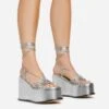 EGO Bubblegum Lace Up Knotted Strap Detail Platform Wedge Heel In Silver Metallic Faux Leather -EGO Sales 15 02 23 fw58986 1 sq