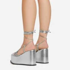 EGO Bubblegum Lace Up Knotted Strap Detail Platform Wedge Heel In Silver Metallic Faux Leather -EGO Sales 15 02 23 fw58988 1 sq