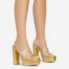 EGO Disco-Girl Diamante Detail Clear Perspex Strap Peep Toe Platform Block Heel Mule In Gold Faux Leather