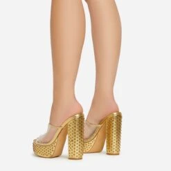 EGO Disco-Girl Diamante Detail Clear Perspex Strap Peep Toe Platform Block Heel Mule In Gold Faux Leather -EGO Sales 15 02 23 fw59033 sb