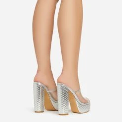 EGO Disco-Girl Diamante Detail Clear Perspex Strap Peep Toe Platform Block Heel Mule In Silver Faux Leather -EGO Sales 15 02 23 fw59038 sb2