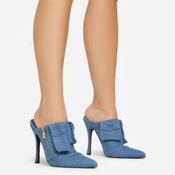 EGO Americana Zip Detail Pointed Toe Stiletto Heel Mule In Blue Denim