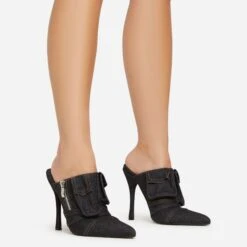 EGO Americana Zip Detail Pointed Toe Stiletto Heel Mule In Black Denim