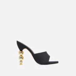 EGO Orbital Square Peep Toe Statement Metallic Heel Mule In Black Linen -EGO Sales 15 02 23 fw60545 sq