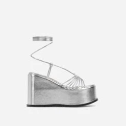 EGO Bubblegum Lace Up Knotted Strap Detail Platform Wedge Heel In Silver Metallic Faux Leather -EGO Sales 15 02 23 fw60580 1 sq