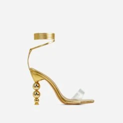 EGO Rose-Rouge Lace Up Clear Perspex Strap Square Toe Statement Metallic Heel In Gold Faux Leather -EGO Sales 15 02 23 fw60581 sq