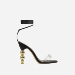 EGO Rose-Rouge Lace Up Clear Perspex Strap Square Toe Statement Metallic Heel In Black Linen -EGO Sales 15 02 23 fw60583 2 sq