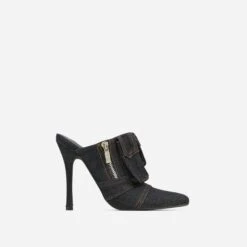 EGO Americana Zip Detail Pointed Toe Stiletto Heel Mule In Black Denim -EGO Sales 15 02 23 fw60584 sq