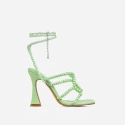 EGO Truth-Or-Dare Beaded Strap Detail Square Toe Flared Block Heel In Green Faux Leather -EGO Sales 15 02 23 fw60590 1 sq