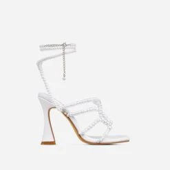 EGO Truth-Or-Dare Beaded Strap Detail Square Toe Flared Block Heel In White Faux Leather -EGO Sales 15 02 23 fw60590 2 sq