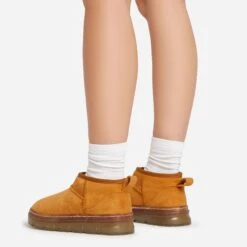 EGO Ivy Chunky Rubber Sole Faux Fur Lining Ultra Mini Ankle Boot In Chestnut Brown Faux Suede -EGO Sales 15 02 23 fw62012 sb