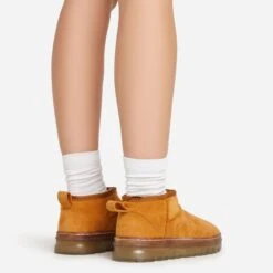 EGO Ivy Chunky Rubber Sole Faux Fur Lining Ultra Mini Ankle Boot In Chestnut Brown Faux Suede -EGO Sales 15 02 23 fw62013 sb2