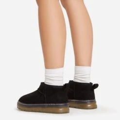 EGO Ivy Chunky Rubber Sole Faux Fur Lining Ultra Mini Ankle Boot In Black Faux Suede -EGO Sales 15 02 23 fw62016 sb