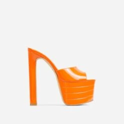 EGO Merge Peep Toe Exteme Platform Thin Block Heel Mule In Orange Patent -EGO Sales 15 02 23 fw62670 sq