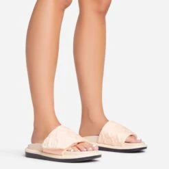 EGO It's-A-Vibe Embossed Velcro Strap Flat Slider Sandal In Nude Lycra