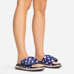 EGO Pillow Velcro Strap Flatform Slider Sandal In Navy Blue Print Nylon