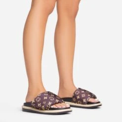 EGO Pillow Velcro Strap Flatform Slider Sandal In Brown Print Nylon