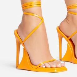 EGO Superlit Lace Up Square Toe Sculptured Platform Stiletto Heel In Orange Faux Leather -EGO Sales 15 02 23 fw63545 sq