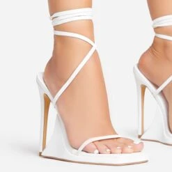 EGO Superlit Lace Up Square Toe Sculptured Platform Stiletto Heel In White Faux Leather -EGO Sales 15 02 23 fw63567 sq