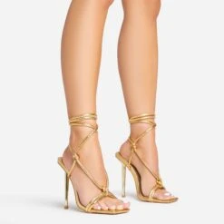 EGO Orbit Lace Up Knotted Detail Square Toe Metallic Heel In Gold Snake Print Faux Leather