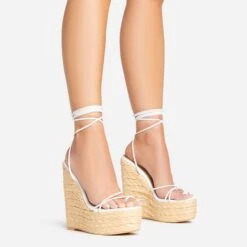 EGO Escape-Away Lace Up Woven Platform Wedge Heel In White Faux Leather